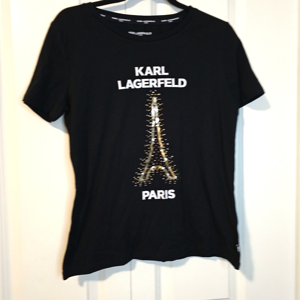 Karl Lagerfeld Womens  Black T-Shirt with Gold Eiffel Tower SZ S